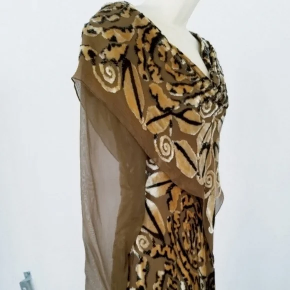Marian Clayden Neiman Marcus Dress Cut Silk & Velvet Burnout Maxi Tan Size M - Picture 3 of 17